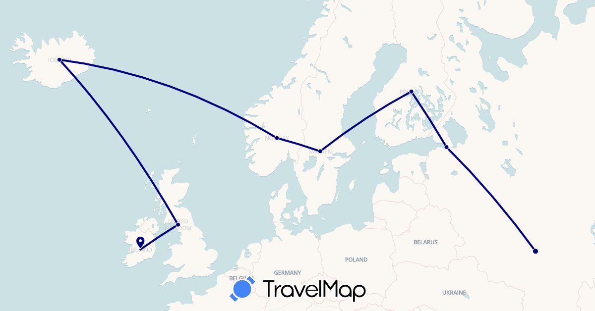 TravelMap itinerary: driving in Finland, United Kingdom, Ireland, Iceland, Norway, Russia, Sweden (Europe)